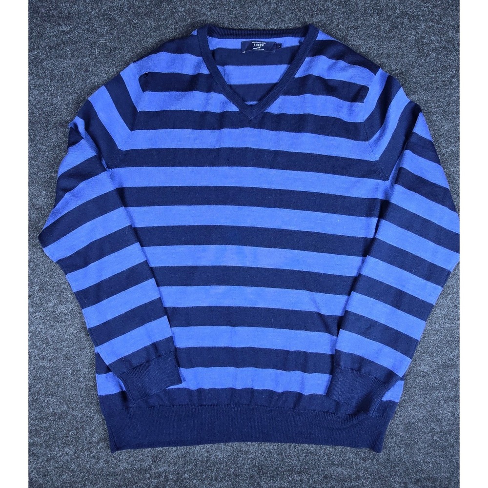 J.Crew Men's Navy Blue Striped Merino Wool V-Neck Light Sweater Preppy Size L